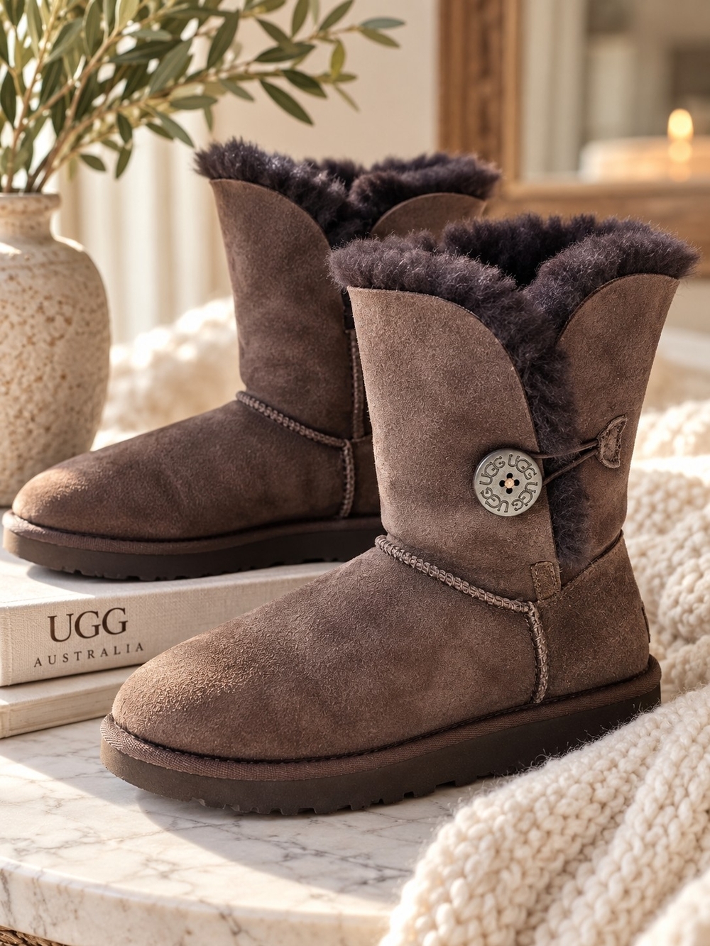 UGG Bailey Button 5803 Boots Womens 8 Chocolate Brown Suede Shearling